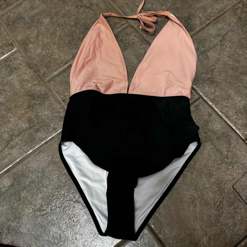 Pink/black deep V one‎ piece swimsuit size 8